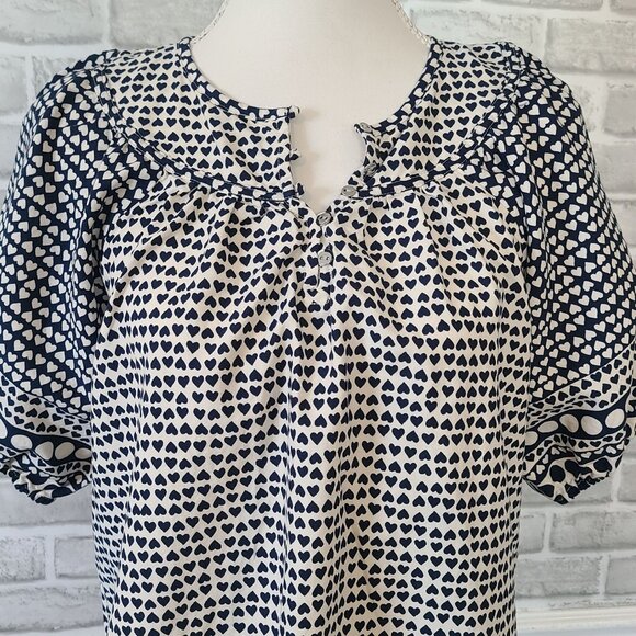 Loft Polka Dot Heart Print Puff Sleeve Blouse Top Womens Lg Petite Cottage - Picture 4 of 9
